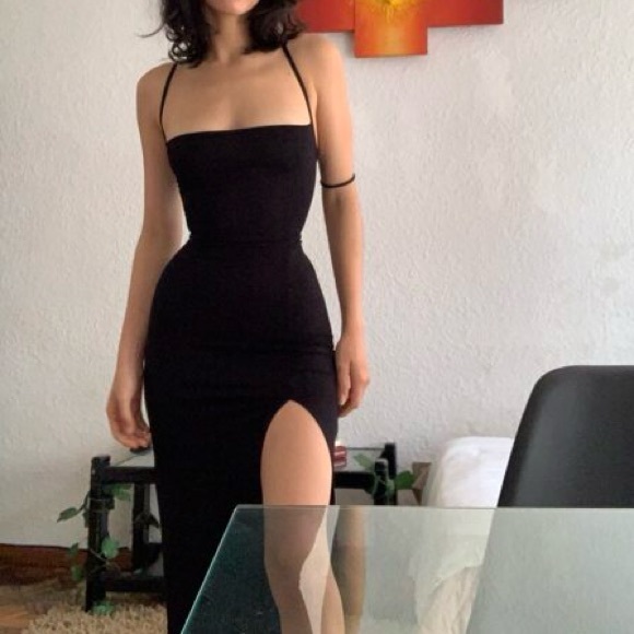 Black Lace Up Backless snatched Split Thigh Cami Dress Without Belt | S | NWT - Picture 1 of 9